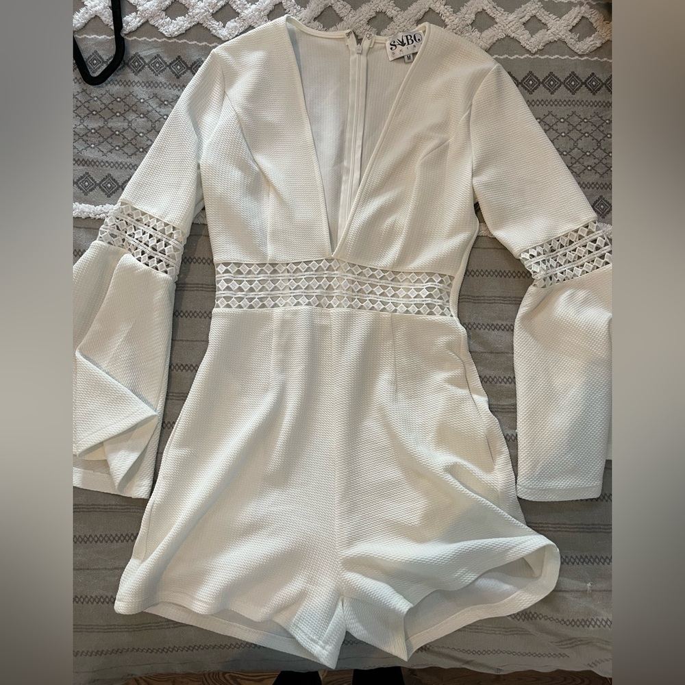 White Plunge neck bell sleeve romper